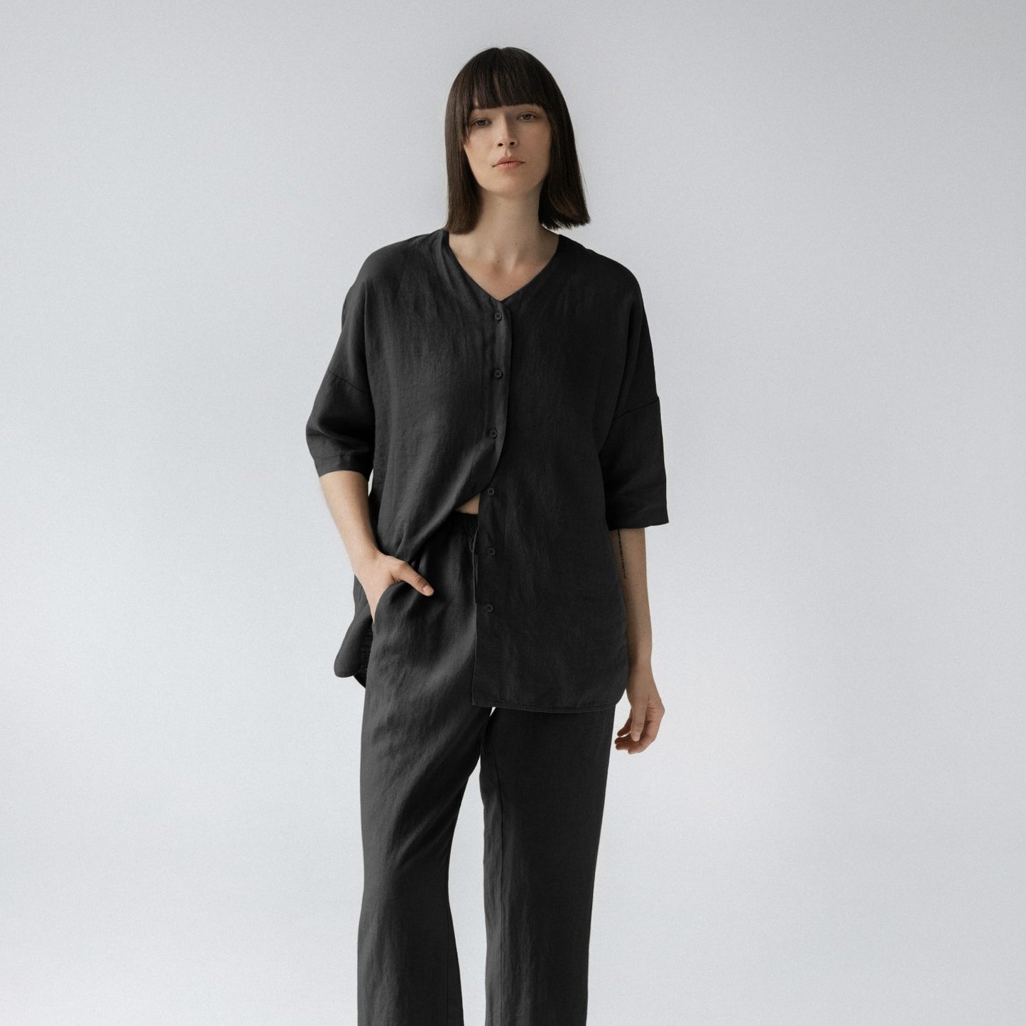 Linen Primrose Loungewear Set - Black